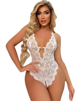 Кружевный боди из спандекса с доступом с декольте 2XL-3XL белый (4/61)
