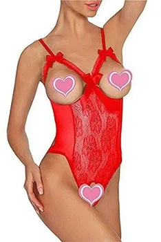 Кружевное боди прозрачное на бретелях с открытой грудью 2XL-3XL красный (4/20)