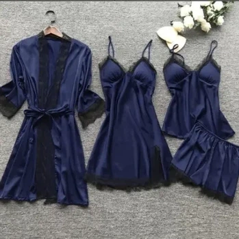 Халат з пеньюаром з поясом 3XL-4XL синій (225/10)