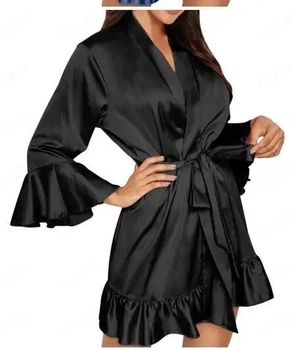 Красивый женский атласный халат с коротким поясом XL-2XL черный (222/35)