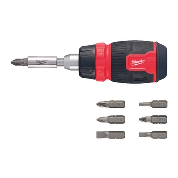 Отвертка с трещоткой со сменными вставками 8-в-1 (PH/PZ/T/SL) MILWAUKEE (PH1 / PH2 / PZ1 / PZ2 / T15 / SL 0.6x4.5 / SL 1.2x6.5мм)