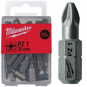 Бита MILWAUKEE, PZ1, 25мм, (25шт), пластиковая коробка