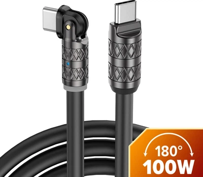 Интерфейсный кабель поворотный USLION 100W LED Indicator (20V 5A) Zinc Alloy TypeC-TypeC 0.3m Black (44258)