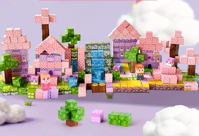 Магнітний конструктор Minecraft 100 блоків Розовий замок з вітряком