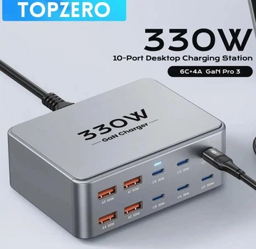 Потужний настільний зарядний пристрій Topzero 330W з 10 портами (6 Type-C + 4 USB-A) GaN Fast Charging