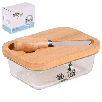 Масленка стеклянная с ножом и бамбуковой крышкой (R34371)