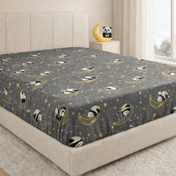 Простирадло на гумці Бязь Moonlight Panda Сірий 120*200 висота 25 см