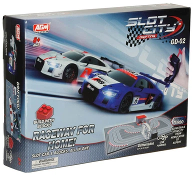 Tor samochodowy Ikonka wyscigowy policyjny elektryczny 2 auta autka kontrolery zakrety klocki konstrukcyjne GD-02 (KX3490_1) (5903039754614)