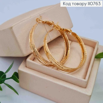 Сережки кільця портійні з тисненням, діаметр 3,5см, італійська застібка, XUPING 18К