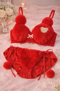 Комплект женского белья Teddy Fluffy Red с плюшевым бюстгальтером и трусиками, размер XL