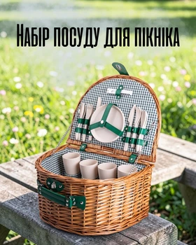 Плетеная корзина для пикника с посудой на 4 ротанговые персоны / набор столовых приборов тарелок стаканов / туристический комплект для отдыха на природе кемпинга путешествий