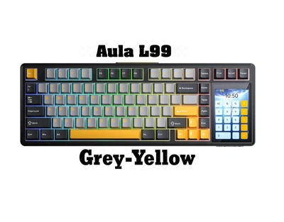 Клавиатура AULA L99 Grey-Yellow Игровая Беспроводная Механическая Полноразмерная. 2.4G/Bluetooth/Кабель. С Сенсорным Экраном 3.98 Дюйма. Батарея 8000mAh. С RGB Подсветкой. Світчі Rain Switch
