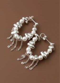 Серьги женские длинные жемчуженки с цепочками Fashion Jewelry Серебристые с белым 20443