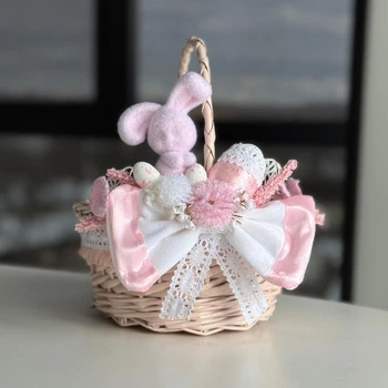 Пасхальная корзина 19х19х22см hand-made MIS LT бежевая с бело-розовым декором и зайчиком