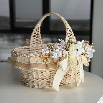 Пасхальная корзина 38х28см hand-made MIS LT бежевая с бежевым декором большая