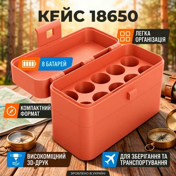 Органайзер для аккумуляторов 18650 на 8 ячеек бокс кейс для хранения и транспортировки 3D печать серый оранжевый