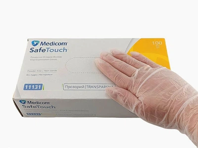 Рукавички оглядові вінілові нестерильні без пудри, M, прозорі, SafeTouch