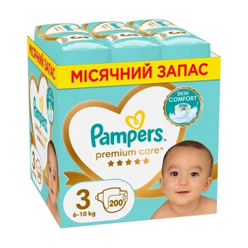 Детские подгузники Pampers Premium Care размер 3 (6-10 кг), 200 шт Детские подгузники памперс с индикатором влаги и защитой до 12 часов Памперсы премиум для детей