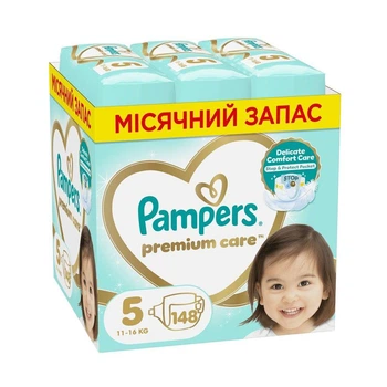 Дитячі підгузки Pampers Premium Care розмір 5 (11-16 кг), 148 шт Дитячі підгузники памперс з індикатором вологи та захистом до 12 годин Памперси преміум для дітей