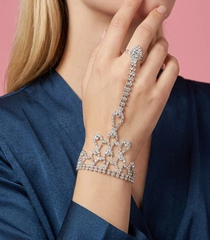 Слейв-браслет на руку з каблучкою та зі стразами "Cascade Crystal" Honey Fashion Accessories сріблястий (12055/4)