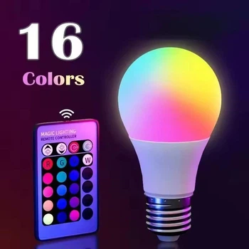 Світлодіодна лампа LED RGB з пультом, E27, 16 кольорів включаючи білий, регулювання яскравості, 8 Вт, розумна лампа