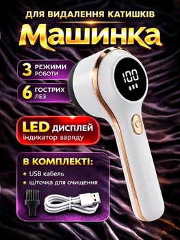 Машинка для катышков от катышек колтунцов триммер бритва для удаления стрижки и снятия ворса с одежды чистки вещей тканей шерсти трикотажа мягкой мебели аккумуляторная беспроводная портативная с LED дисплеем электрическая USB Type-C Art Planet белая