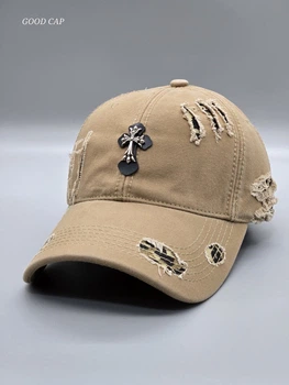 Кепка бейсболка CHROME HEARTS рваная мужская женская Бежевый
