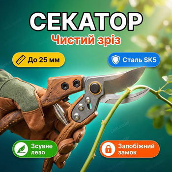 Секатор Bradas с перекрестными лезвиями SK5 для цветов ветвей сада до 25 мм ручной защита с замком