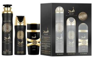 Набір для чоловіків Lattafa Asad Парфумована вода 100 мл + Освіжувач повітря 300 мл + Спрей для тіла 200 мл (6290362341192)