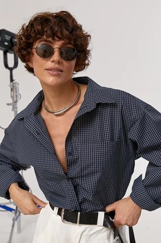 Классическая рубашка на пуговицах в мелкую клеточку Lurex Темный синий One Size (81550)