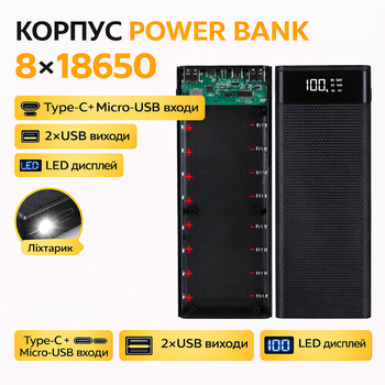 Корпус для Power Bank 8х18650 з Type-C та 2×USB 5V2A – модуль повербанку, бокс для акумуляторів 18650