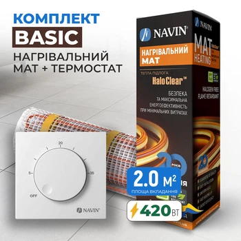 Комплект теплого пола Basic – нагревательный мат NAVIN HaloClear 420 Вт / 2.2м² (4.4 м) + терморегулятор NAVIN EH84WM-16A, белый матовый (41-103022-0420)