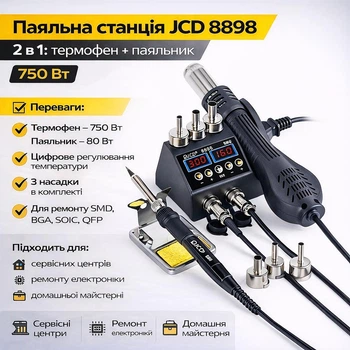 Паяльная станция 2в1 JCD 8898 с термофеном 750Вт и паяльником 80Вт цифровая регулировка температуры 3 насадки (JCD8898)