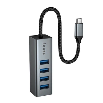 USB Хаб HOCO HB1C 4-in-1 converter (Type-C to 4xUSB 3.0, 5Gbps, 0.2m). Gray