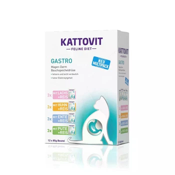 Влажный корм Kattovit Feline Diet - Gastro Multibox - Мультибокс влажный диетический корм для кошек с заболеваниями желудочно-кишечного тракта и поджелудочной железы, 12 шт x 85 г (4000158772640)