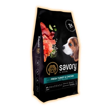 Сухой корм Savory со свежей индейкой и курицей для щенков всех пород, 12 кг