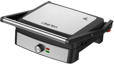 Електрогриль Liberton LPG-1402, Inox/Black, 2200W, закритий (двосторонній), індикатор готовності їжі, регулятор температури, відкривання на 180град, розмір пластини 29х23см, рифлені пластини, антипригарне покриття, піддон для жиру, скребок для чищення
