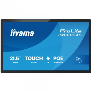 IIYAMA 21.5" 16:9 ips сенсорний рк монітор, 1920х1080, 45 0 кд/м2, ос Андроїд 14, 24/7, PoE, проекційно-ємні tw2223as-b3p