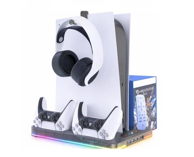 Док-станция для PS5 / PS5 Slim / PS5 Pro с охлаждением, зарядкой 2 контроллеров, RGB подсветкой, USB и держателем для наушников