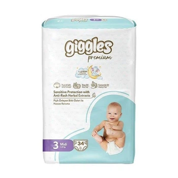 Детские подгузники Giggles Premium Midi размер 3 (4-9 кг), 34 шт Детские одноразовые подгузники с индикатором влаги и защитой от протечек Памперсы для детей