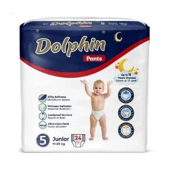 Детские подгузники-трусики Dolphin Pants Junior размер 5 (11-25 кг), 24 шт Детские одноразовые подгузники с индикатором влаги и анатомической формой Памперсы трусиками пантс для детей