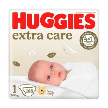 Детские подгузники Huggies Extra Care Box размер 1 (2-5 кг), 168 шт Детские одноразовые подгузники с индикатором влаги и мгновенным поглощением Памперсы для детей