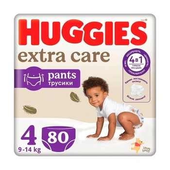 Детские подгузники-трусики Huggies Extra Care Pants размер 4 (9-14 кг), 80 шт Детские одноразовые подгузники с индикатором влаги и эластичным поясом Памперсы трусиками пантс для детей
