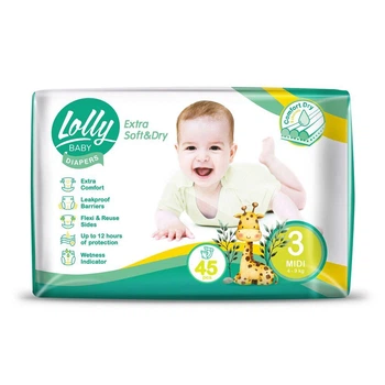 Детские подгузники Lolly Extra Soft & Dry Midi размер 3 (4-9 кг) 45 шт
