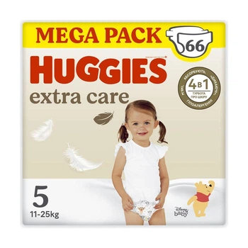 Дитячі підгузки Huggies Extra Care Box розмір 5 (11-25 кг), 66 шт Дитячі одноразові підгузники з індикатором вологи та миттєвим поглинанням Памперси для дітей