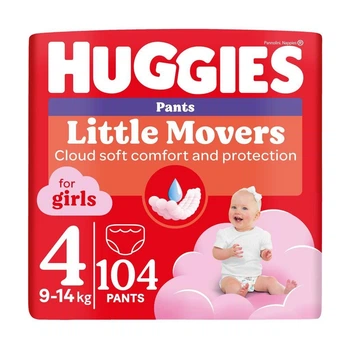 Детские подгузники-трусики Huggies Little Movers Pants для девочек, размер 4 (9-14 кг), 104 шт Детские одноразовые подгузники Pants с индикатором влаги и сухостью до 12 часов Памперсы трусиками пантс для детей