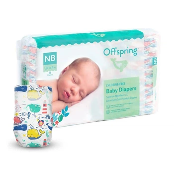 Детские подгузники Offspring Willy the Whale для новорожденных, размер NB (до 4 кг), 56 шт Детские одноразовые подгузники с быстрым поглощением и сухостью до 12 часов Памперсы для младенцев