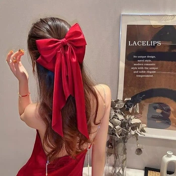 Великий атласний luxury бант - шпилька для волосся (червоний)