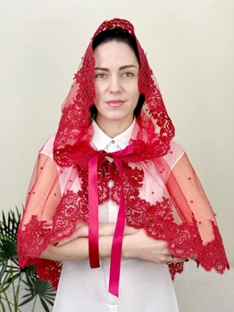 Жіноча накидка-палантин для храму Family Tradition сітчаста тканина з мереживом та намистинами 50 см червона Благодать