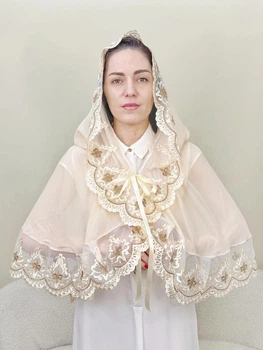 Женская накидка-палантин для храма Family Tradition шифон 70 см розово-кремовый Нежный персик